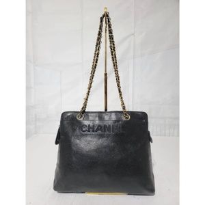 Authentic Chanel Vintage Caviar Leather Sac Shopping Shoulder Bag Black